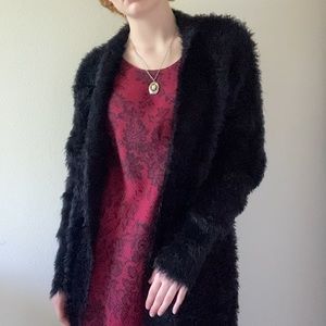 black faux fur cardigan| Marla Singer vibes